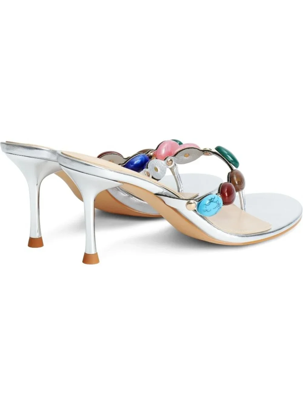 Women's Silver Open Toe Beaded Strappy High Heels Sandals Slip On Thong Heels